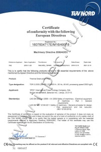 International certificate of compliance with the requirements of the Directive 2006/42/EC on essential health and safety requirements of machinery for pyrolysis plant TDP-2-2000